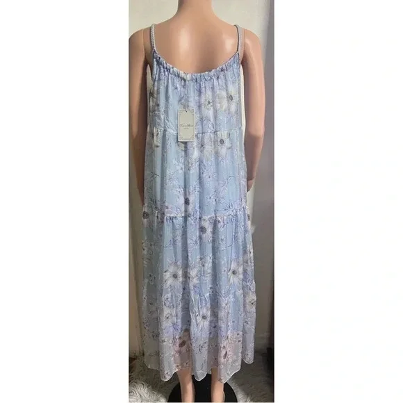 NWT ELENA BALDI Blue Silk Blend Floral Tiered Maxi Dress - Picture 4 of 14